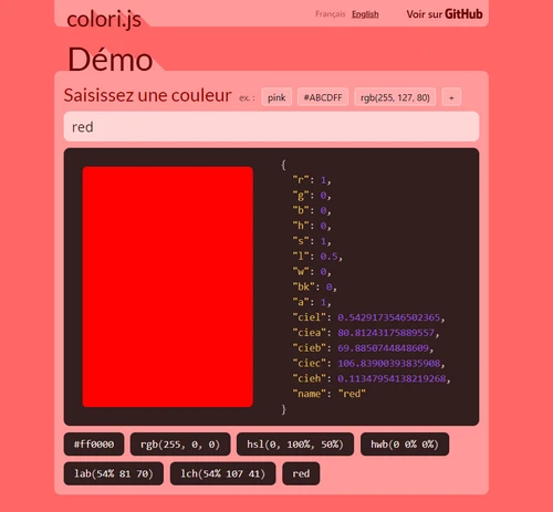 Ancienne interface de Colori en rouge, avec couleurs au format HSL