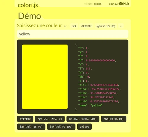 Ancienne interface de Colori en jaune, avec couleurs au format HSL