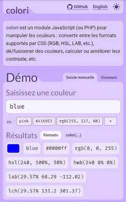 Ancienne interface de Colori en bleu, avec couleurs au format LCH