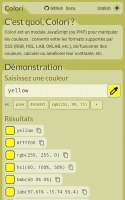 Interface de Colori en jaune, avec couleurs au format OKLCH